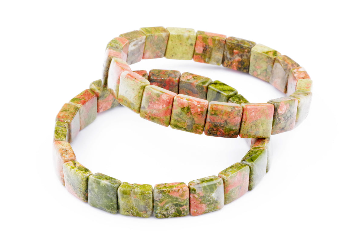 Two polished Unakite bracelet – Square pieces composed of natural green and pink crystal gemstones arranged in square shapes on a white background.