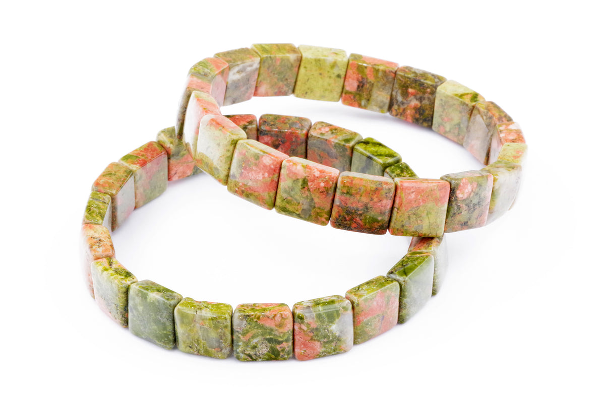 Unakite bracelet – Square featuring polished natural crystal gemstones in a blend of green and pink hues, ideal for crystal jewellery and healing crystal collections.