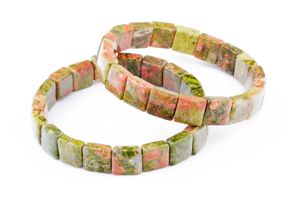 Two Unakite bracelet – Square designs featuring polished natural crystal gemstones in shades of green and pink, ideal for crystal jewellery and healing crystals collections.