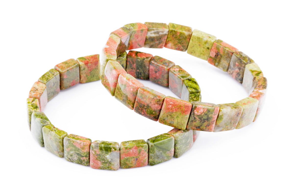 Two Unakite bracelet – Square bands featuring polished natural crystal gemstones in shades of green and pink arranged on elastic cords.