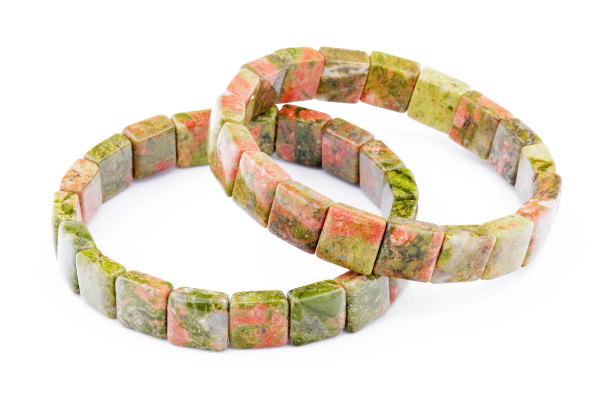 Two Unakite bracelet – Square made of polished green and pink natural crystals arranged in square beads on a white background, showcasing healing crystal jewellery.