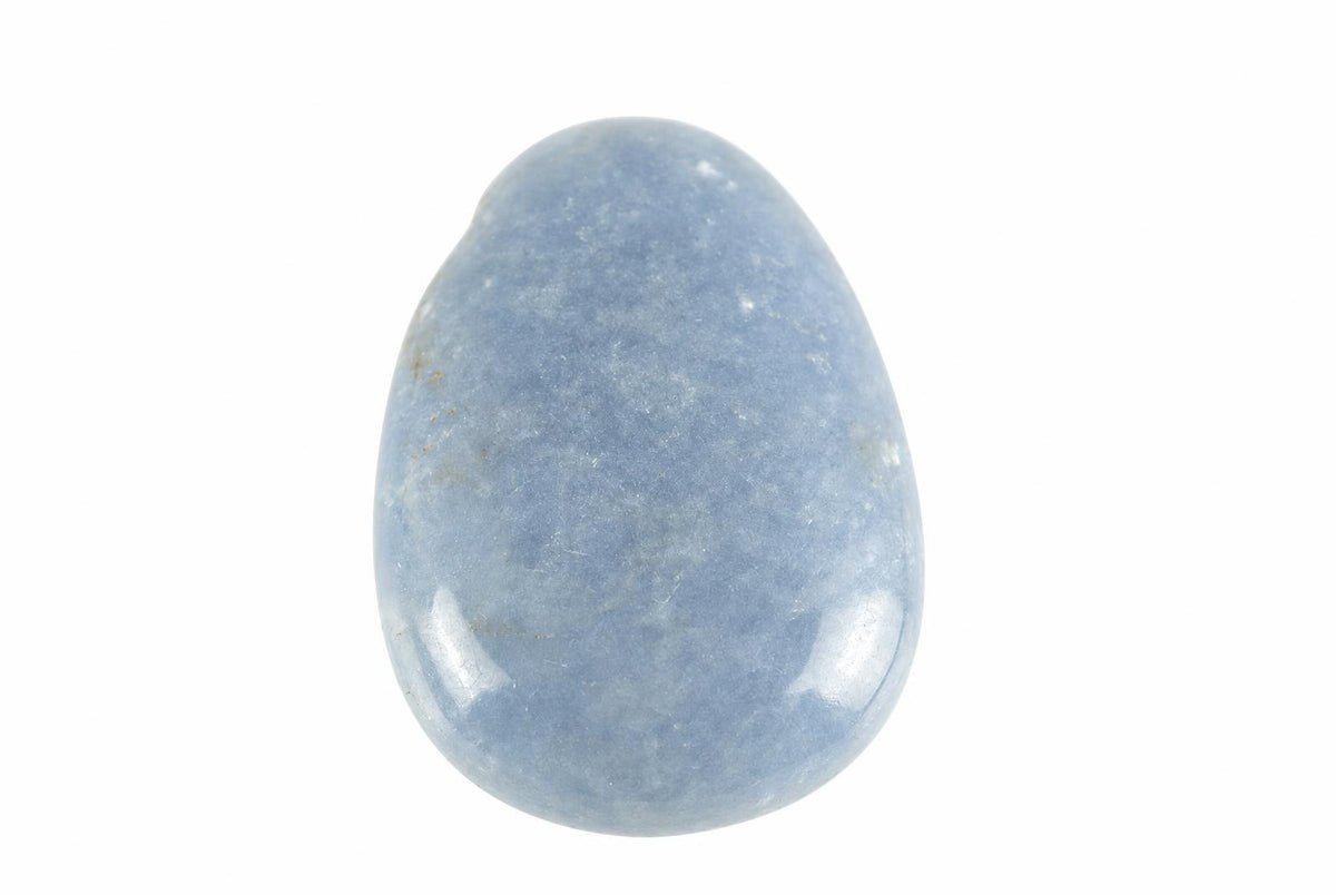 A smooth, polished blue stone pendant with a teardrop shape on a white background.