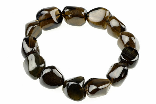 A bracelet made of polished, irregular dark brown beads with lighter streaks on a white background.