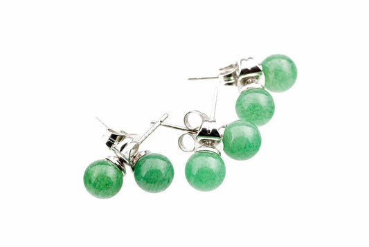 A pair of stud earrings with round green aventurine beads and silver-toned posts on a white background.