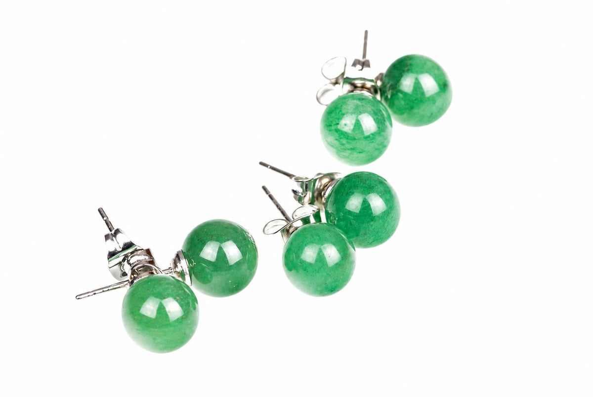 Two pairs of stud earrings with round green aventurine beads and silver-toned posts on a white background.