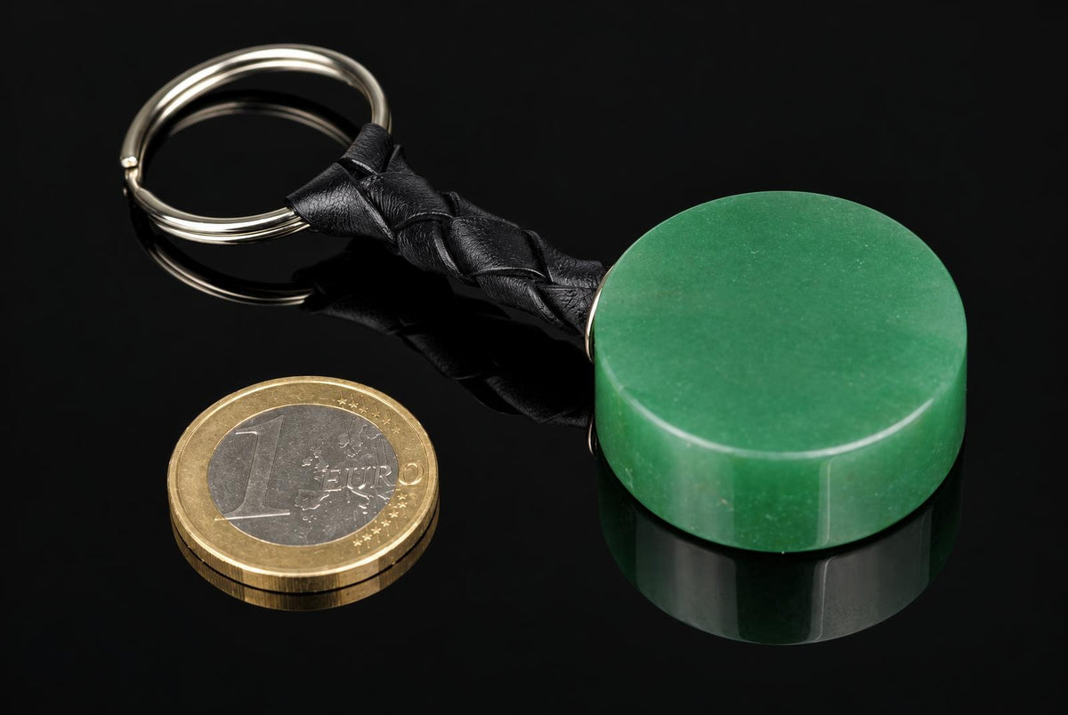A green aventurine keychain with a braided black leather strap and metal ring, shown on a dark reflective surface next to a one-euro coin.