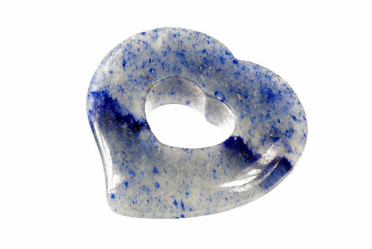 A polished heart-shaped pendant with a central hole, featuring blue and white speckled patterns on a smooth surface.