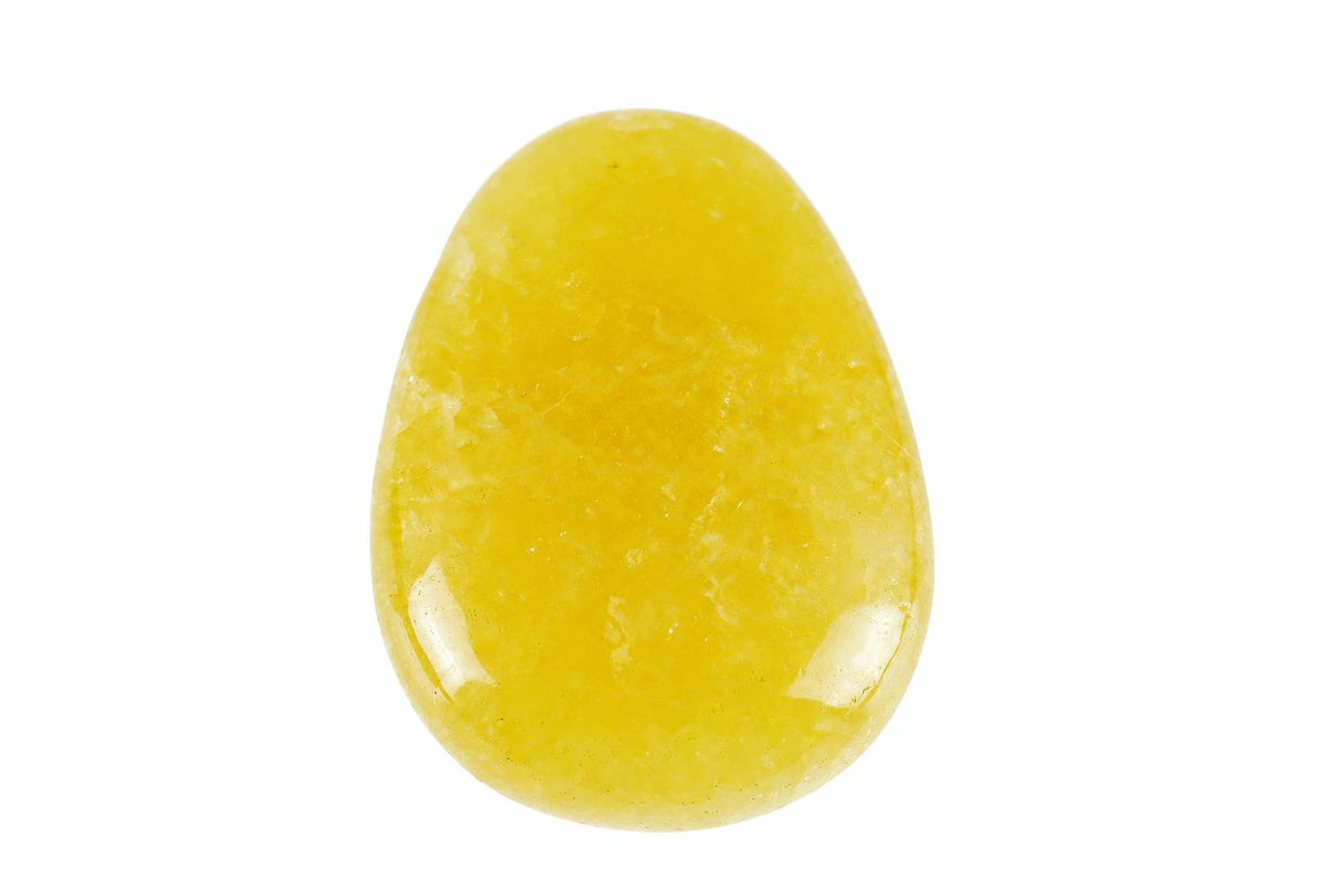 A polished, yellow drop-shaped Calcite pendant with a smooth surface and subtle internal textures on a white background.