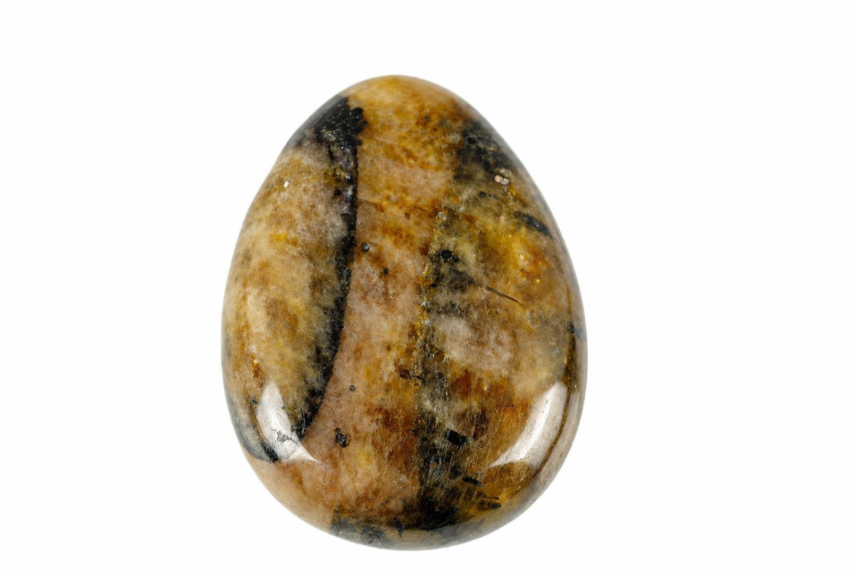 A polished, oval-shaped stone with a mix of brown, black and gold-coloured patterns on a white background.