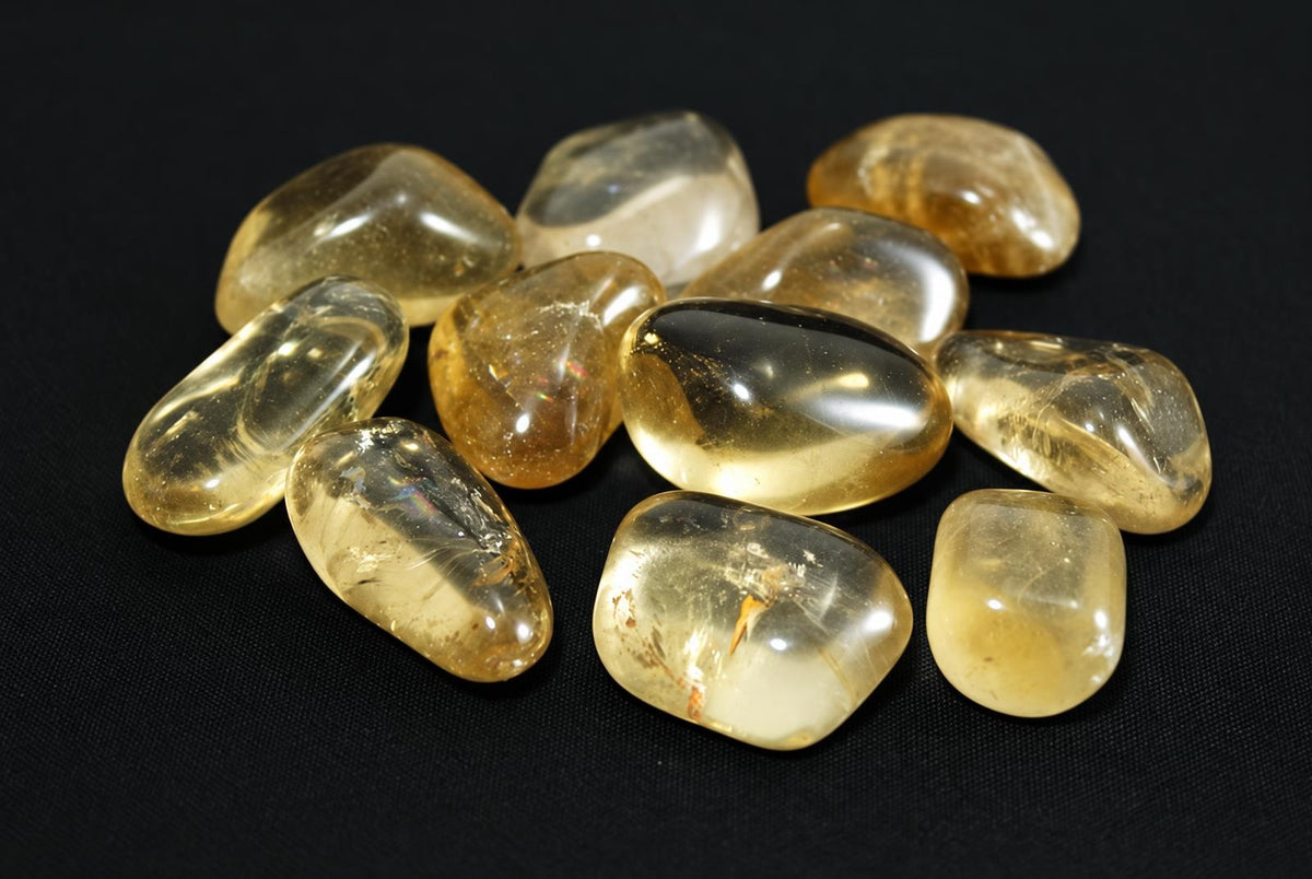 A pile of smooth, polished citrine stones in yellow and clear tones on a dark surface.