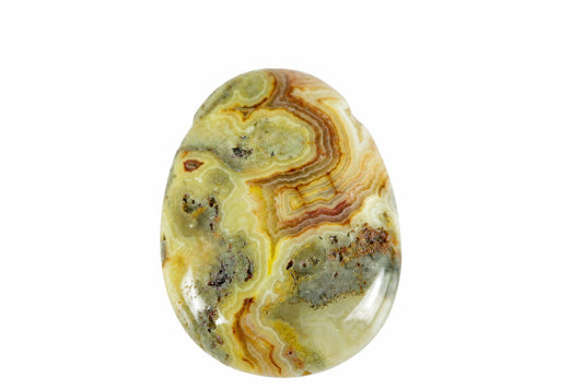 A polished, oval-shaped stone with swirling bands of pale yellow, green, brown and white on a plain background.