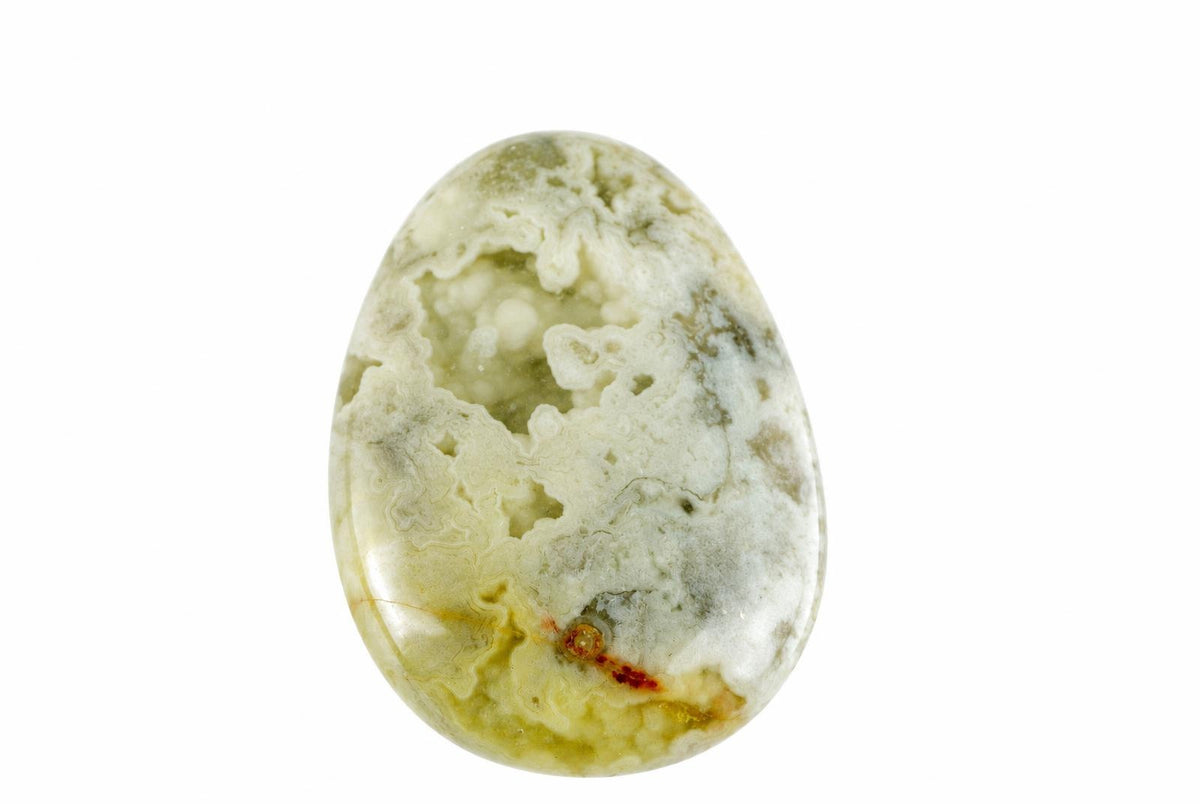 A polished, oval-shaped Crazy lace agate pendant with swirling white, pale green and yellow patterns on a plain white background.