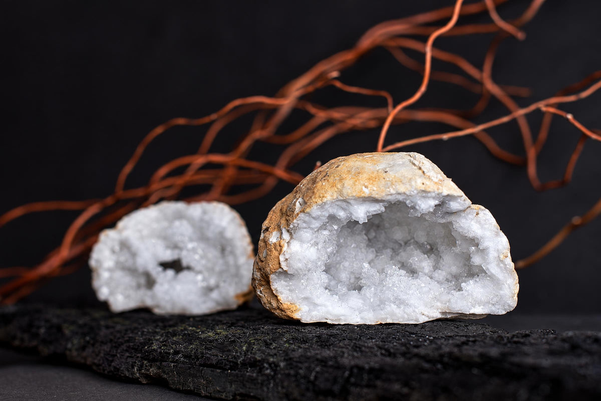 An open geode pair with pale crystalline interiors and rough beige edges rests on a dark surface beneath bare branches.