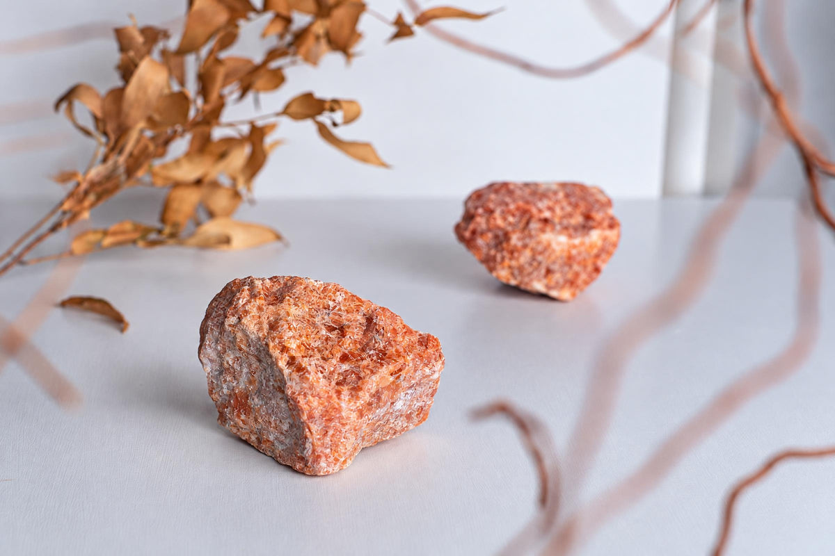 Two orange-brown, rough-textured mineral specimens rest on a pale surface with dried foliage in the background.