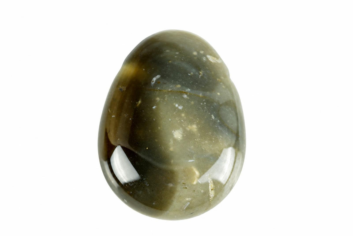 A polished, oval-shaped stone pendant with dark brown and greenish tones, set against a white background.