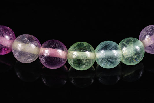 A row of round fluorite beads in purple and green with white bands, arranged on a dark reflective surface.