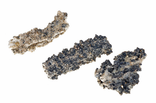 Three rough, porous pieces of fulgurite with black and beige speckled textures on a white background.