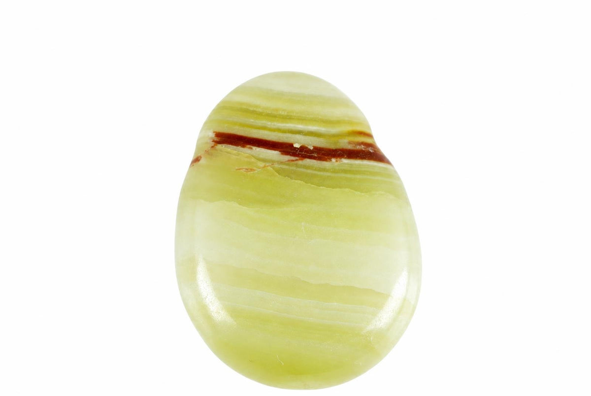A polished, oval-shaped stone with pale green and white horizontal bands and a dark reddish-brown stripe near the top, set against a plain white background.