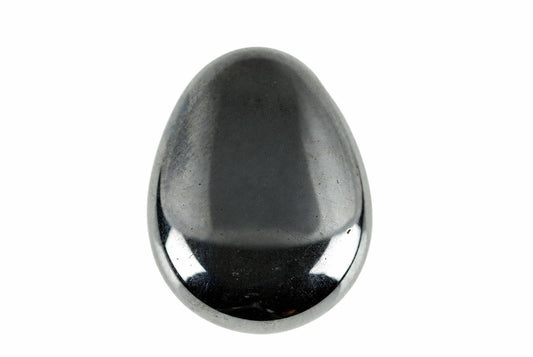 A polished hematite drop pendant has a smooth dark grey face with bright reflections along its rounded lower edge.
