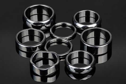 Seven silver-toned rings with varied shapes, including smooth and faceted designs, arranged on a dark reflective surface.