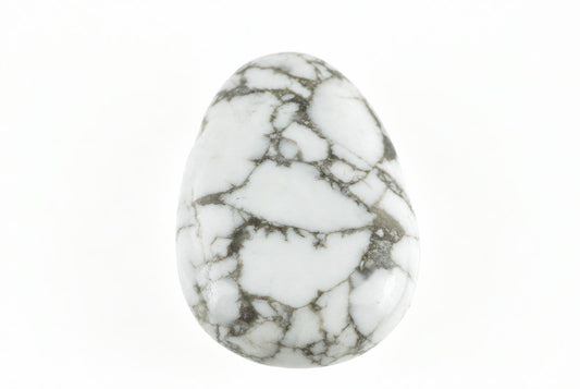 A polished white stone pendant with grey veining, shaped like a drop, set against a plain white background.