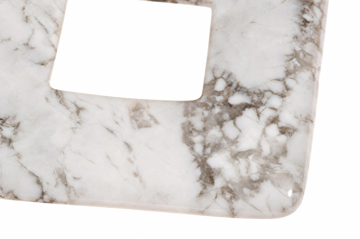 A square pendant with a central cutout, featuring a white and grey marbled pattern resembling howlite.