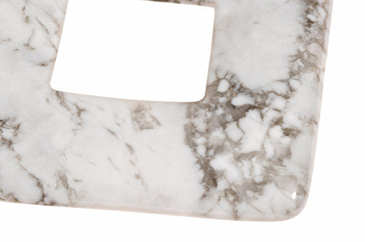 A square pendant with a central cutout, featuring a white and grey marbled pattern resembling howlite.