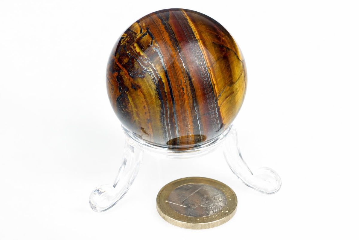 A polished sphere with brown, gold-colored and dark bands rests on a clear stand beside a coin on a white surface.