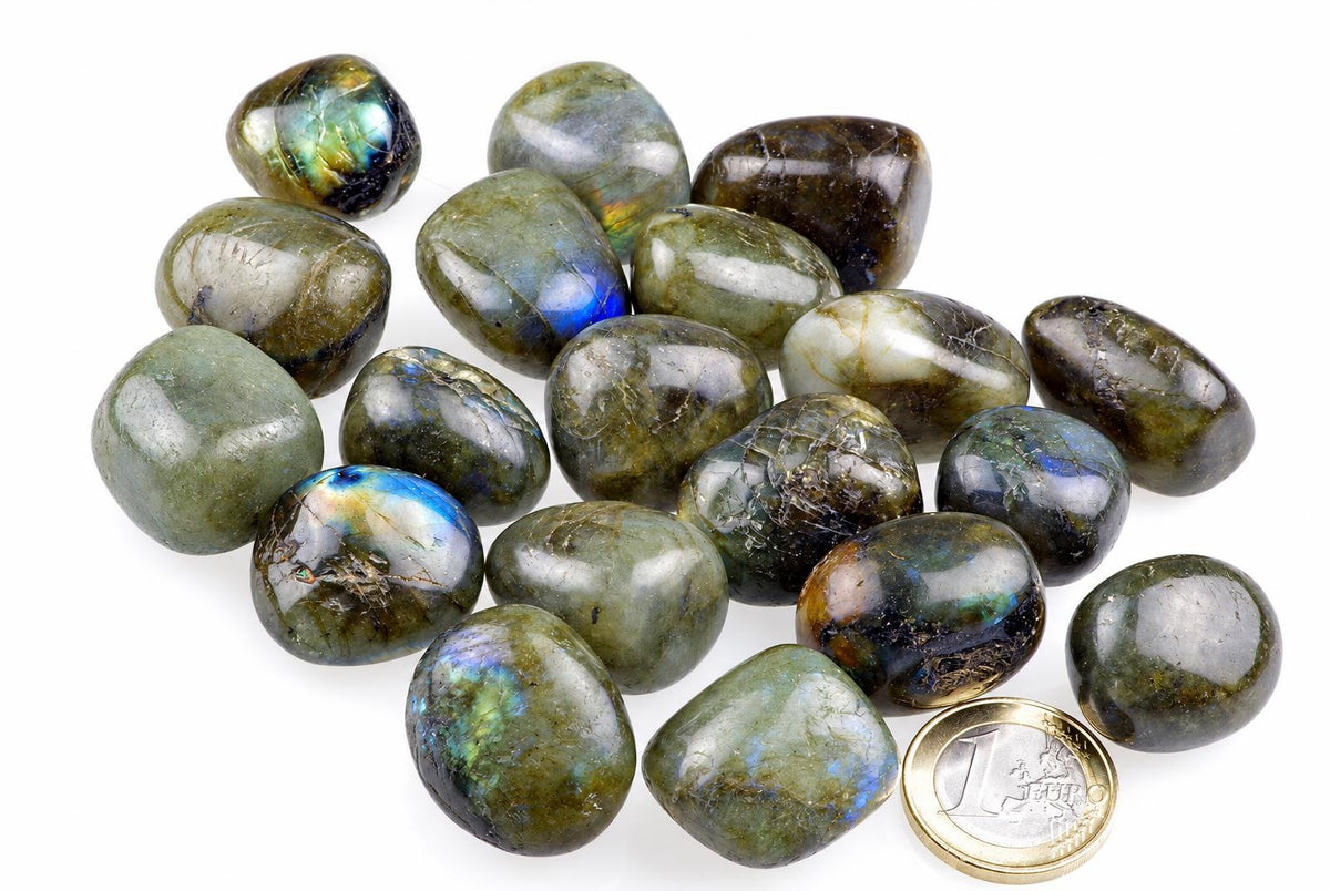 Polished grey and olive stones with blue and green flashes are grouped on a white background beside a one-euro coin.