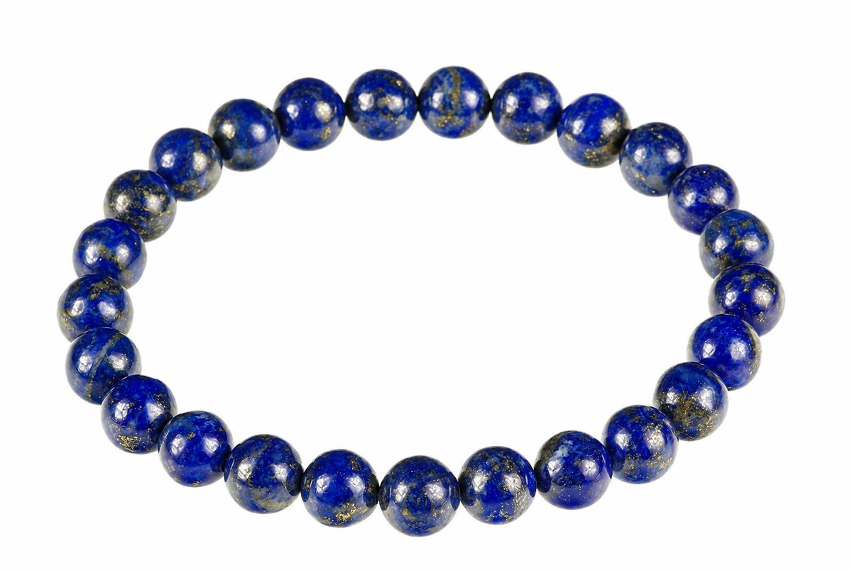 A bracelet of round deep-blue beads with pale patches and gold-toned speckles forms a circle on white.