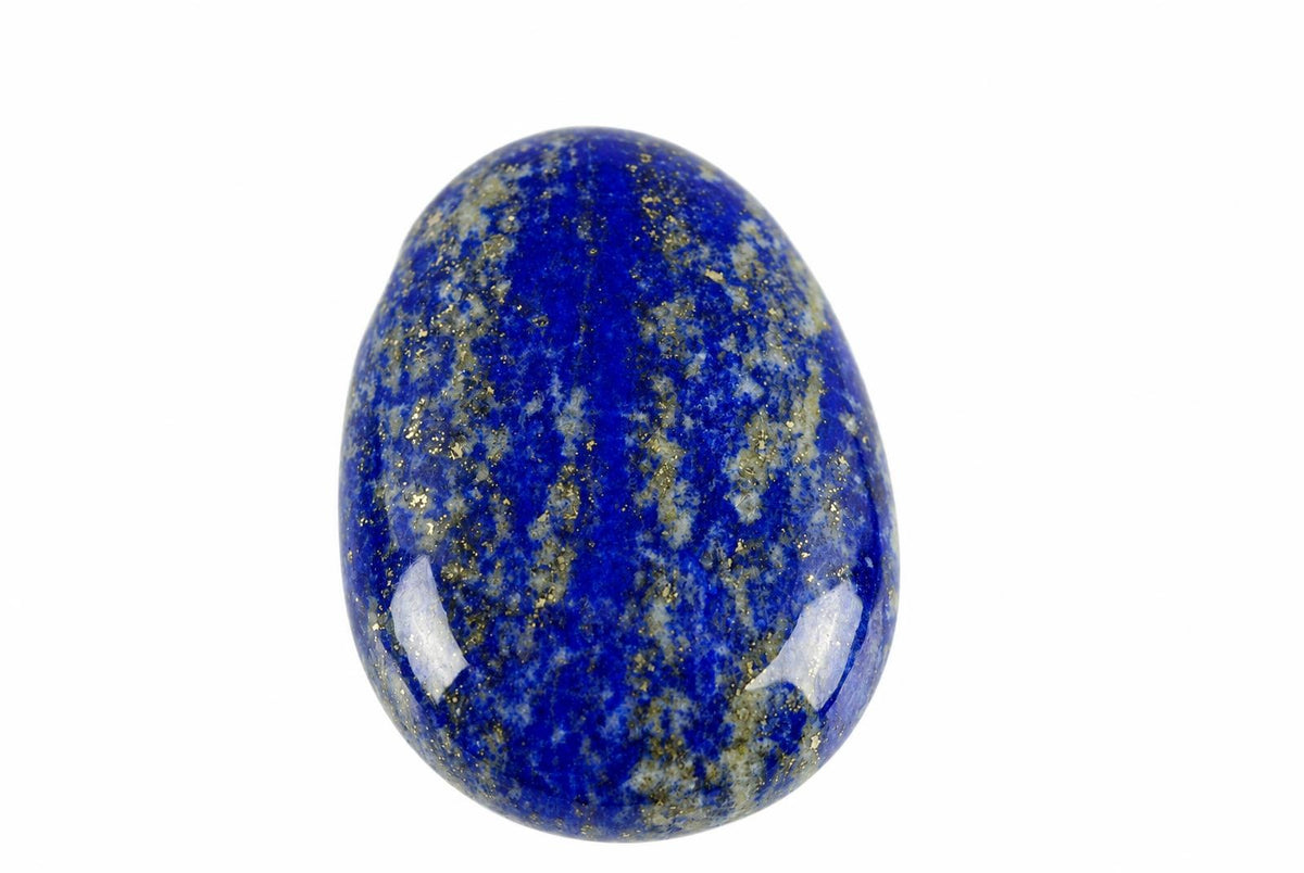 A polished lapis lazuli drop pendant shows a deep blue surface with pale patches and gold-colored flecks against a white background.