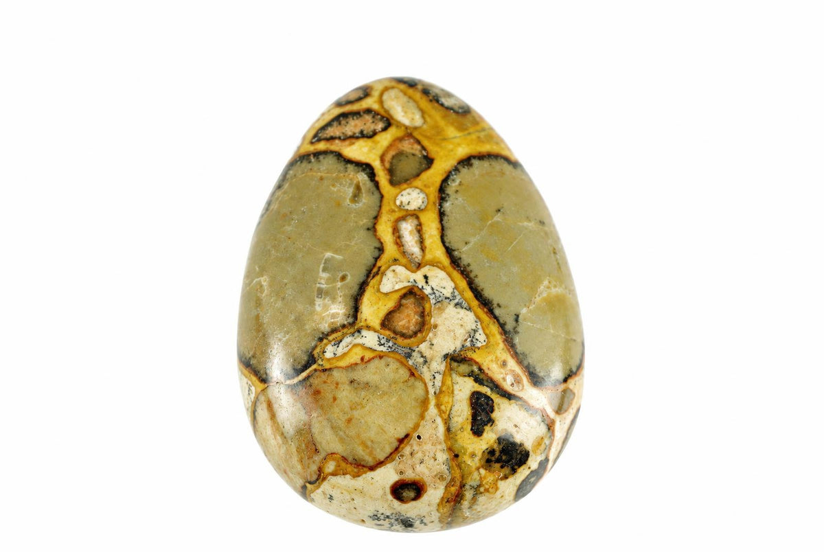 A polished, egg-shaped stone pendant with a mottled pattern of olive green, yellow, cream and dark brown patches on a white background.