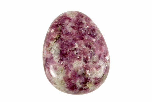 A polished, oval-shaped stone with a mottled pattern of deep purple and pale grey on a white background.