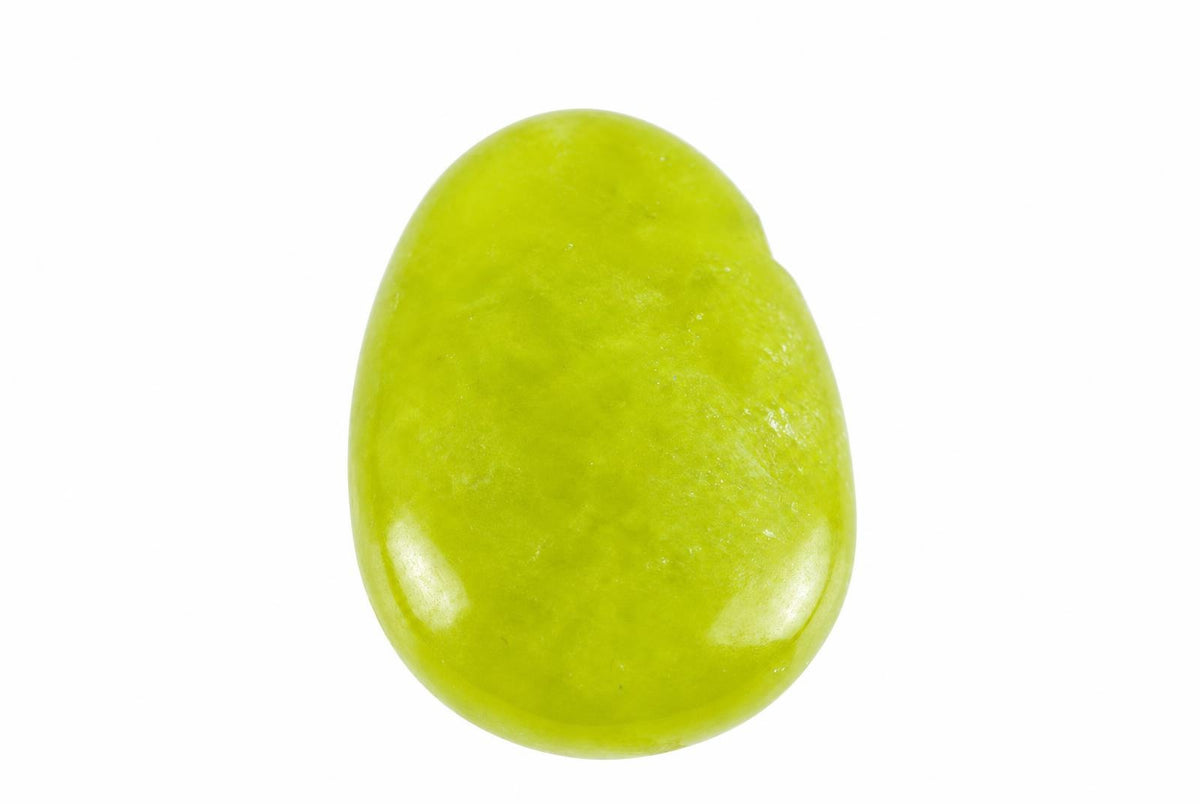 A smooth, polished green stone pendant with an oval shape on a white background.