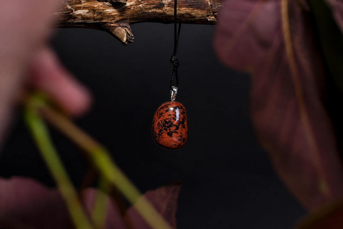 A polished, oval-shaped pendant with a reddish-brown base and black speckles hangs from a dark cord against a dark background.