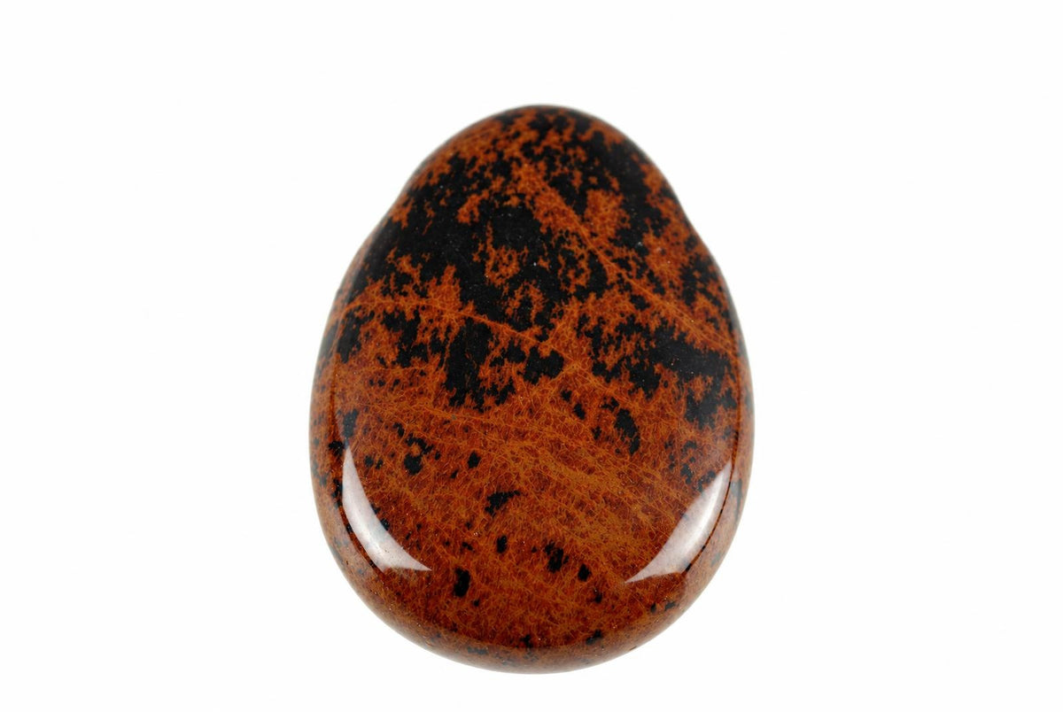 A polished, teardrop-shaped stone with a glossy surface. It features a dark brown and black mottled pattern on a pale background.