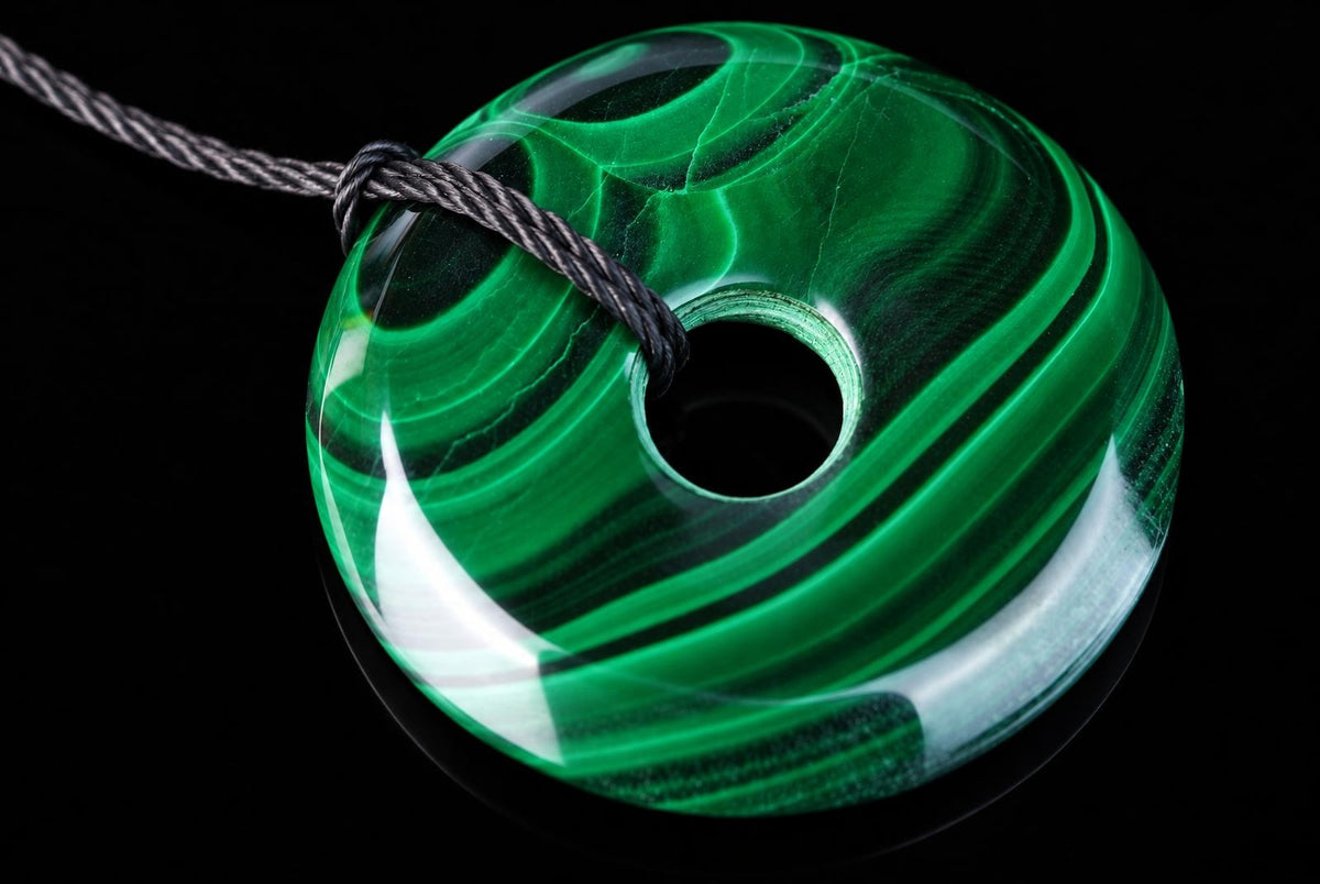 A polished green malachite pendant with swirling patterns, a central hole, and a dark cord against a black background.