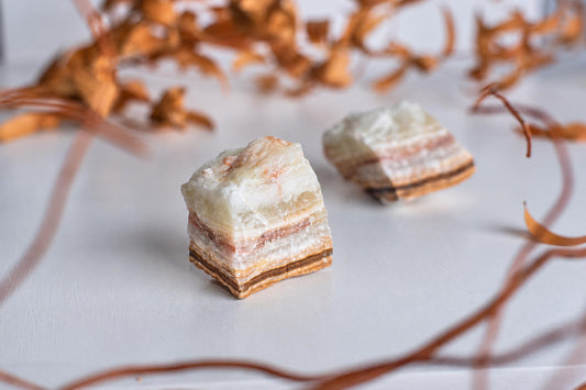 Two layered mineral specimens, white and brown, on a pale surface with blurred dried leaves.