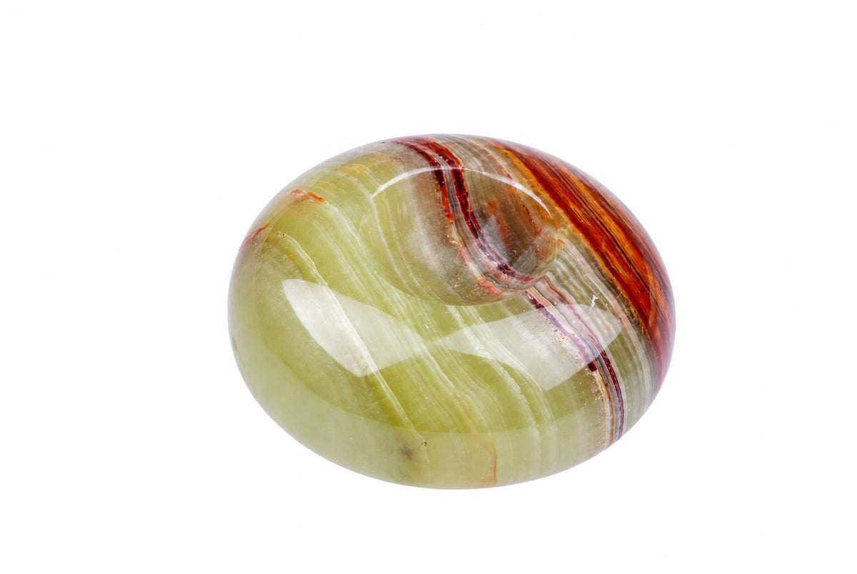 A polished, oval-shaped stone with green and reddish-brown swirling bands on a white background.