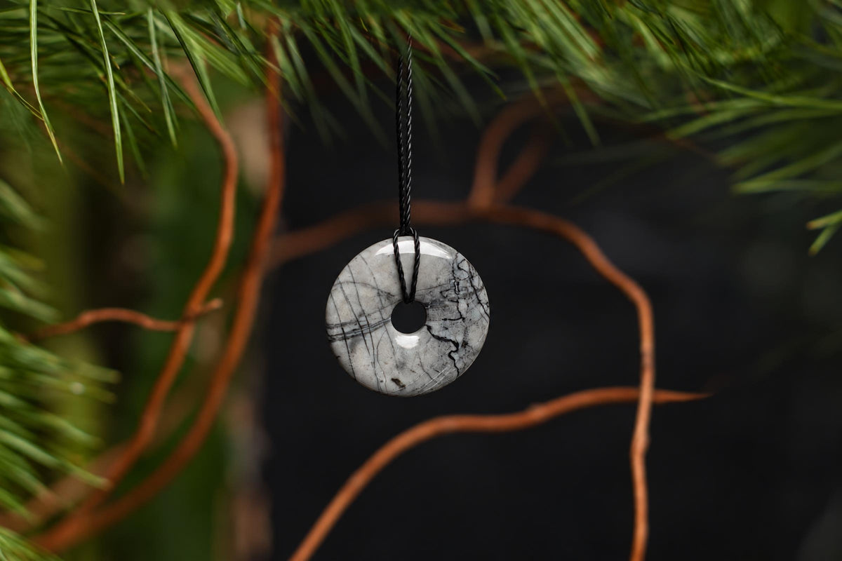 A gray circular stone pendant with a central hole and dark intersecting lines hangs from a black cord among green foliage and dried stems.