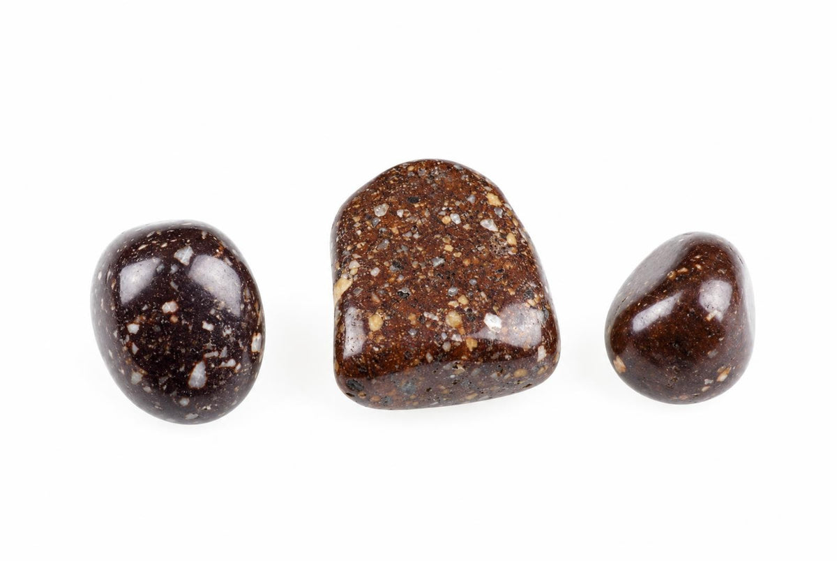 Three polished, dark brown stones with light speckles arranged horizontally on a white surface.