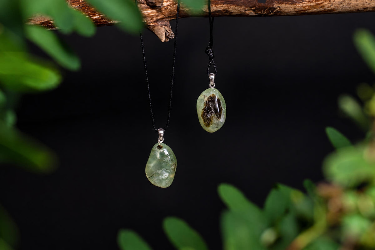 Two green prehnite pendants with dark inclusions hang from black cords on a wooden branch against a dark background.