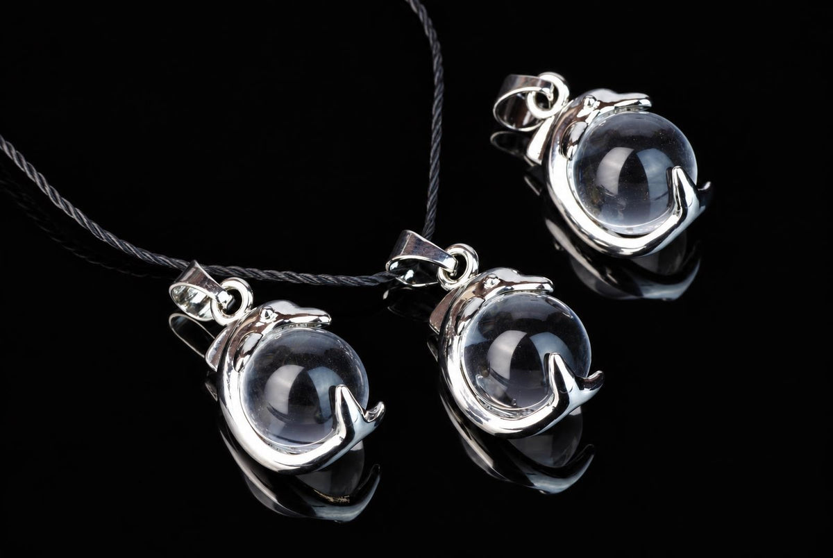 Three silver-toned dolphin pendants with clear quartz spheres on a dark surface.