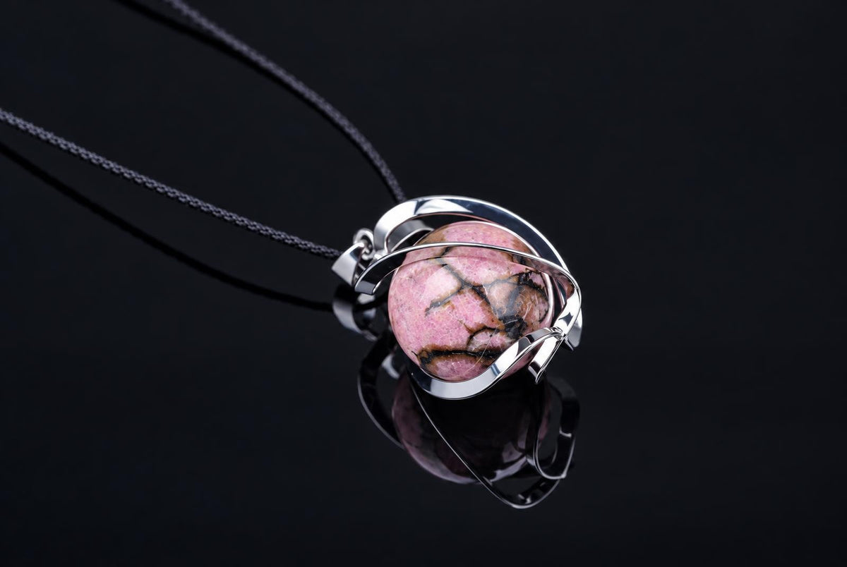 A silver-toned pendant with a pink and black patterned sphere on a dark cord, resting on a dark surface.