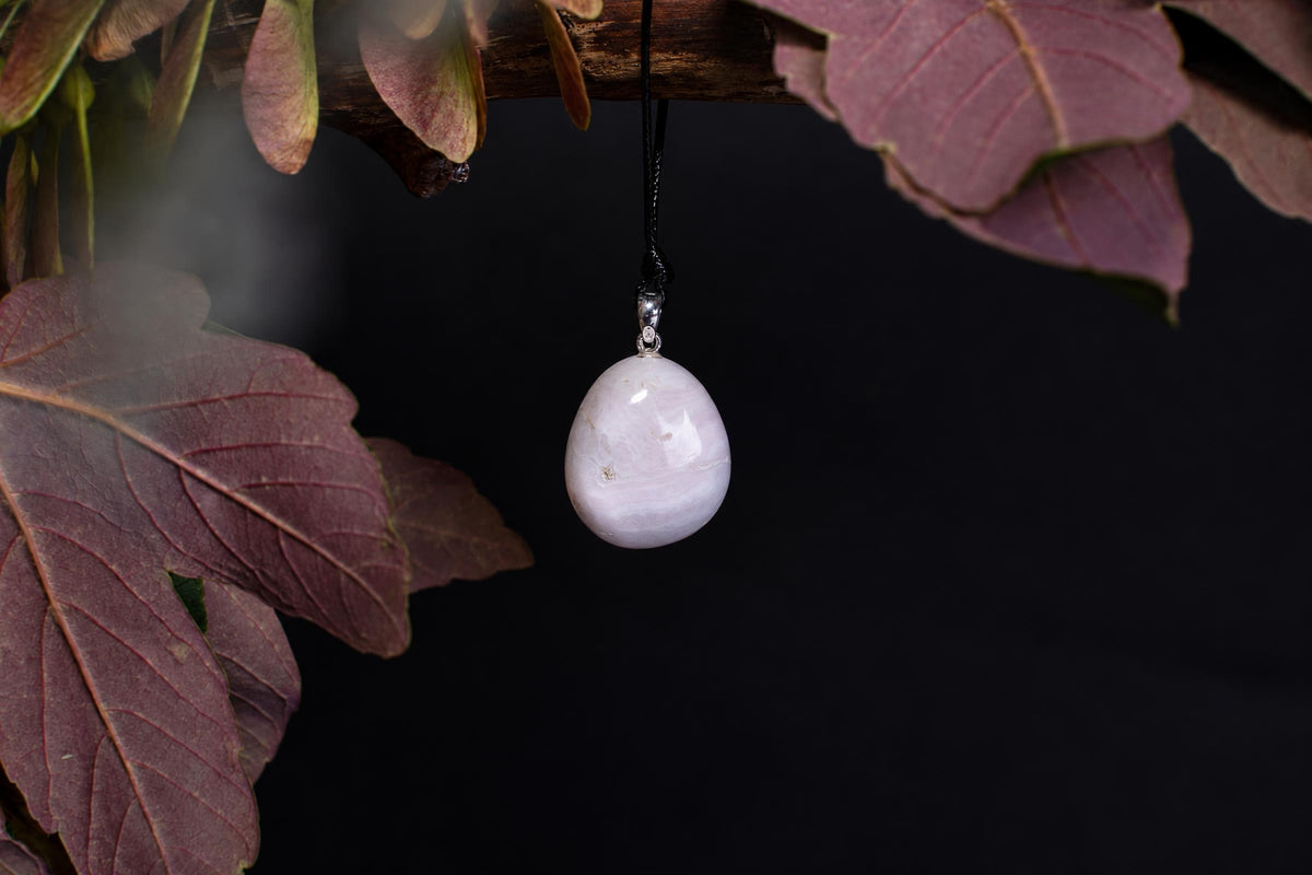 A pale pink, oval pendant hangs from a black cord against a dark background with reddish leaves.