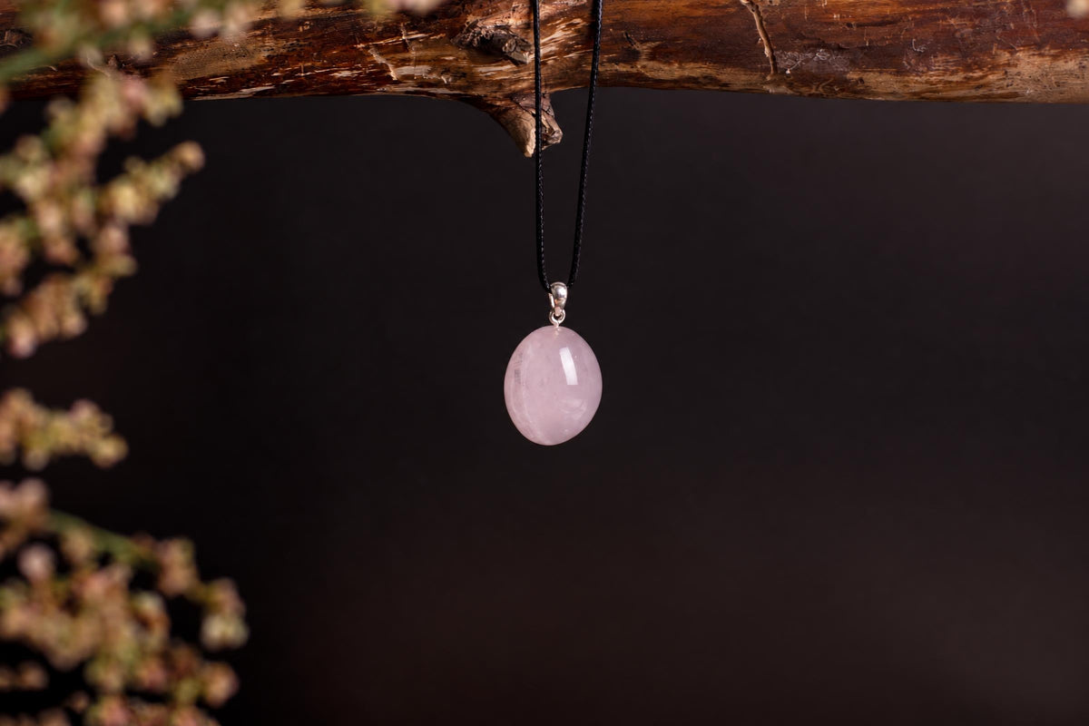 A smooth, pale pink oval pendant hangs from a black cord on a dark wooden branch against a dark background.