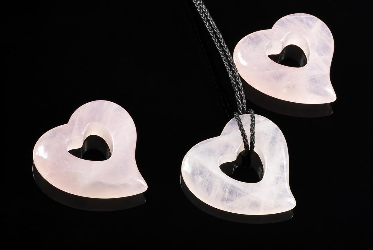 Three heart-shaped rose quartz pendants with a central hole, one on a dark cord, on a black surface.