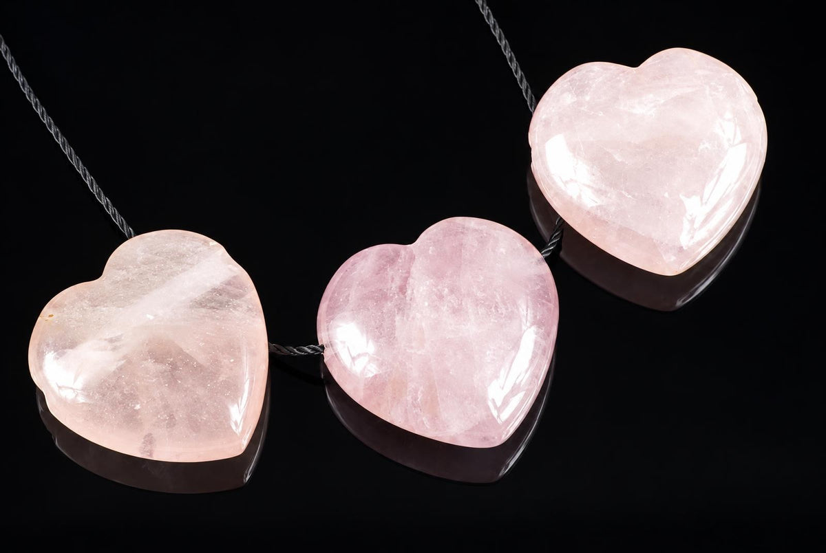 Three polished pink heart-shaped rose quartz pendants on dark cords, arranged diagonally on a black reflective surface.