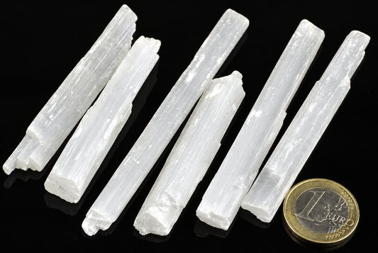 Six white, translucent selenite sticks with fibrous texture lie on a dark surface next to a one euro coin.