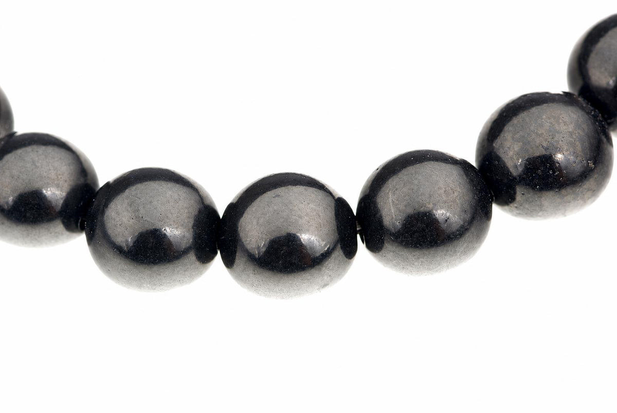 A row of round, dark grey beads with a metallic sheen on a white background.